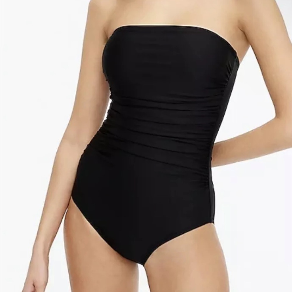 J. Crew One Piece Swimsuit bathing suit Black Ruched Bandeau strapless halter 24
